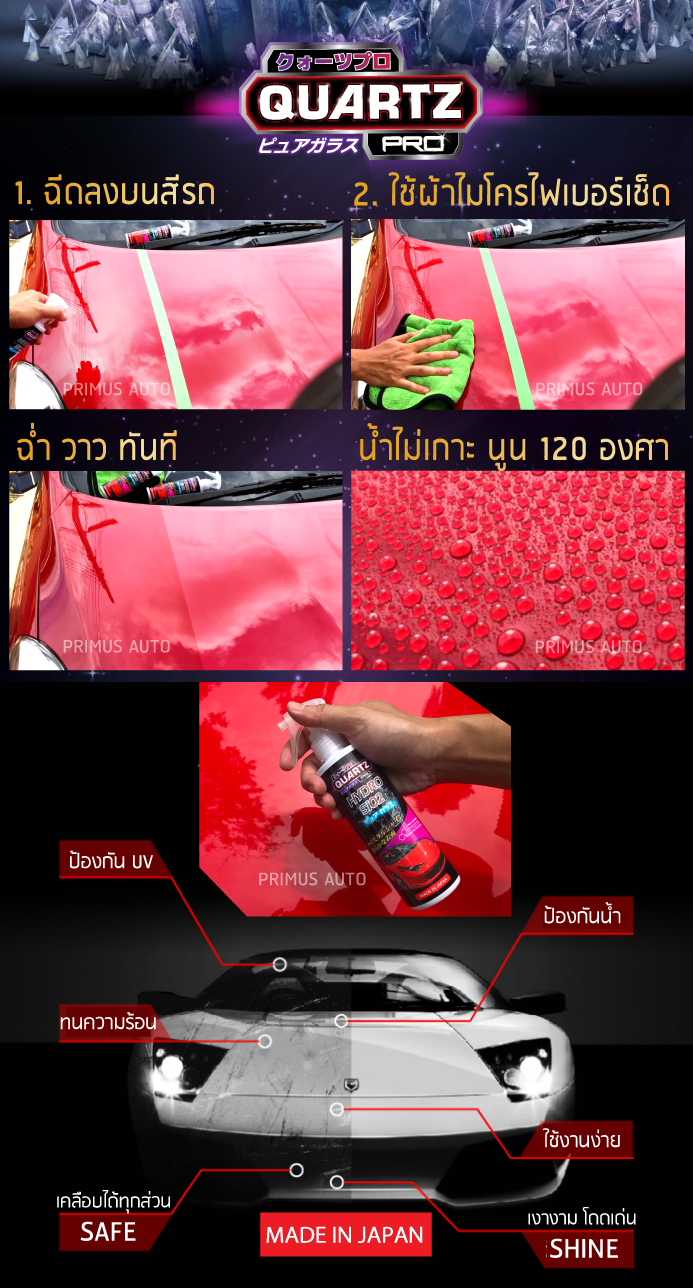 สเปรย์เคลือบแก้ว Quartz Pro Spray สูตรเข้มข้น ที่ให้ความเงาฉ่ำ วาว ช่วยป้องกันไม่ให้น้ำกาะที่สีผิวรถ ใช้งานง่าย เพียงฉีดแล้วเช็ด น้ำยาเคลือบแก้ว คาร์แคร์ ราคาส่ง 